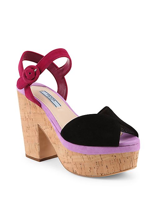 Prada - Tri-Tone Suede & Cork Platform Sandals