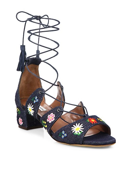 Tabitha Simmons - Isadora Flower-Embroidered Denim Lace-Up Sandals