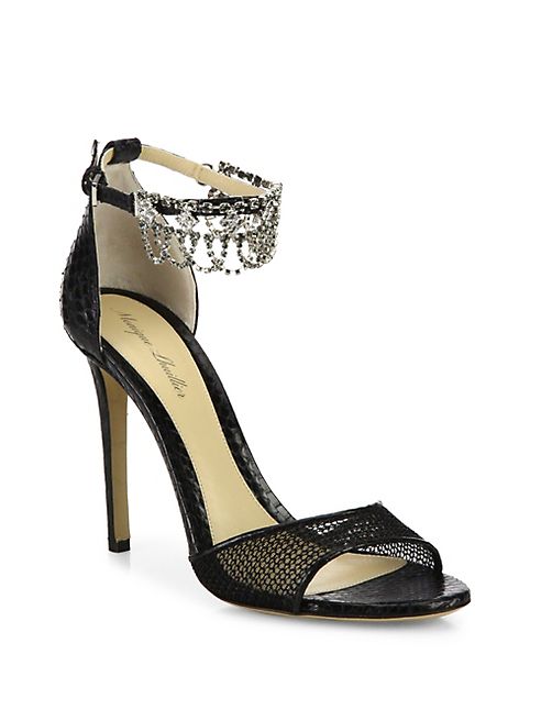 Monique Lhuillier - Evelyn Jeweled Snakeskin & Mesh Sandals