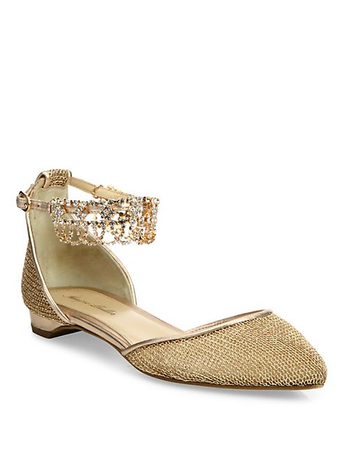 Monique Lhuillier - Clarke Jeweled Metallic Mesh Ankle-Strap Flats