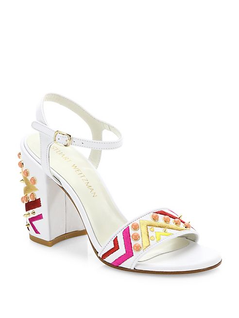 Stuart Weitzman - Both Studded Embroidered Leather Block-Heel Sandals