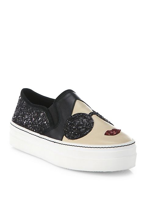 Alice + Olivia - Sofia Stace Face Leather & Glitter Platform Skate Sneakers