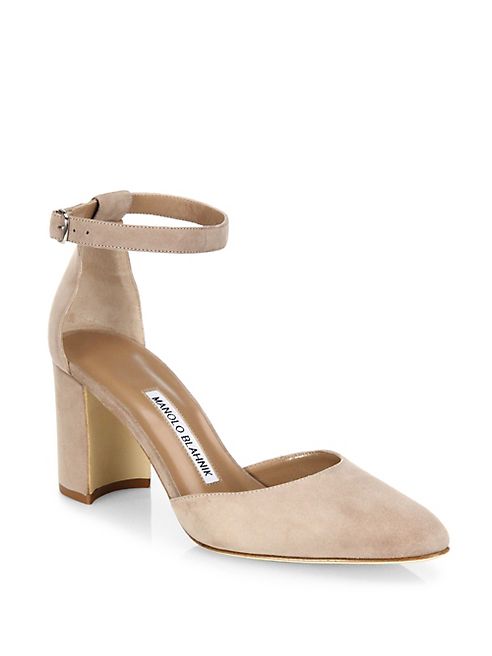 Manolo Blahnik - Lausam Suede Ankle-Strap Block Heel Sandals