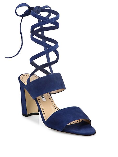 Manolo Blahnik - Khandala Suede Ankle-Wrap Block Heel Sandals