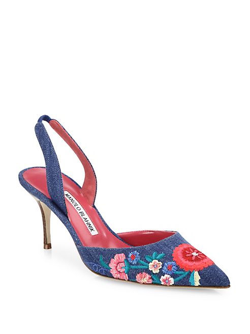 Manolo Blahnik - Carolyne Floral-Embroidered Denim Slingbacks