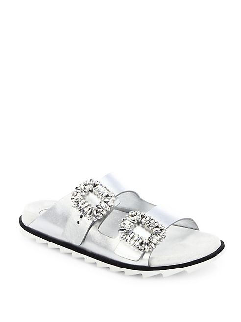 Roger Vivier - Slidy Viv Crystal Buckle Metallic Leather Slides