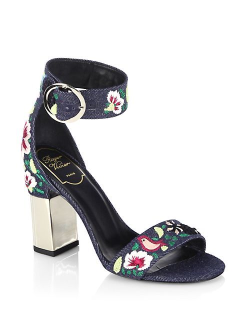 Roger Vivier - Podium Raffia Flower-Embroidered Denim Sandals