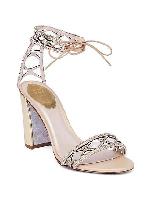 Rene Caovilla - Crystal & Suede Ankle-Tie Block Heel Sandals