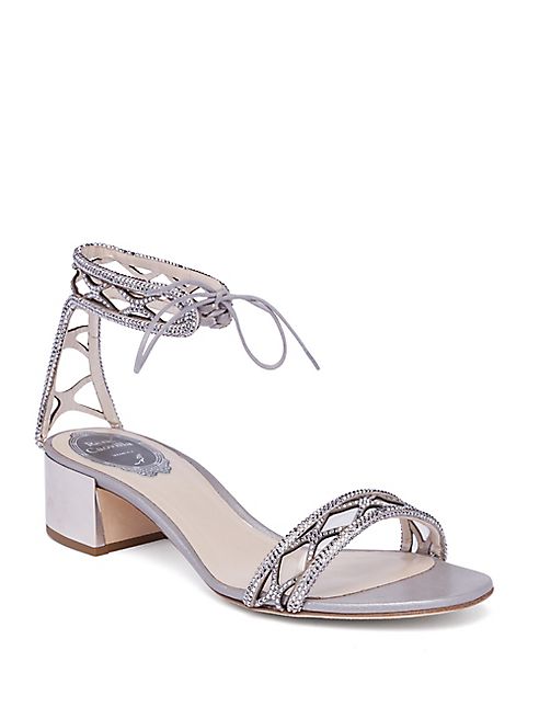 Rene Caovilla - Crystal & Suede Ankle-Tie Block Heel Sandals