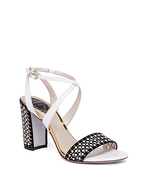 Rene Caovilla - Pearl Studded Suede & Leather Block Heel Sandals