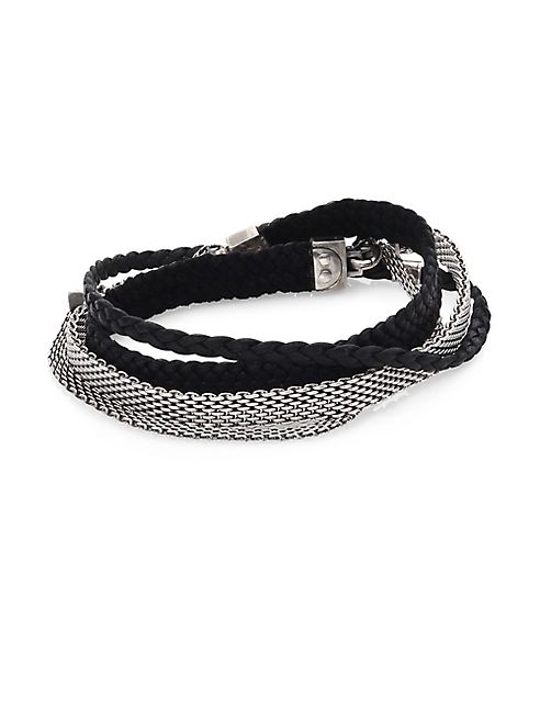 Title of Work - Gridlocks Sterling Silver and Braided Leather Micromesh Bracelet