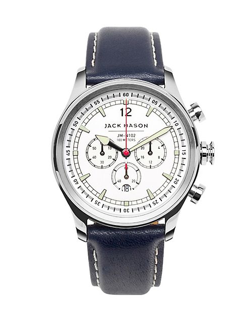 Jack Mason - Nautical Stainless Steel & Italian Leather White Dial Chronograph Strap Watch