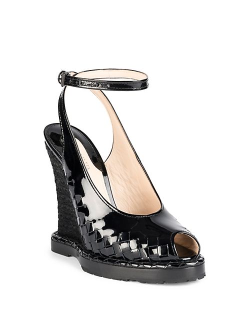 Bottega Veneta - Patent Leather Peep-Toe Espadrille Wedge Sandals