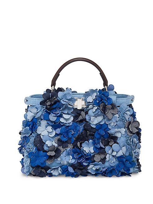 Fendi - Mini Peekaboo Floral-Embellished Denim Satchel