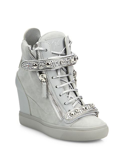 Giuseppe Zanotti - Giuseppe for Jennifer Lopez 75 Double-Zip Crystal-Strap Suede Wedge Sneakers