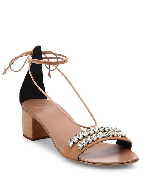 Giuseppe Zanotti - Crystal-Embellished Suede Ankle-Tie Block-Heel Sandals