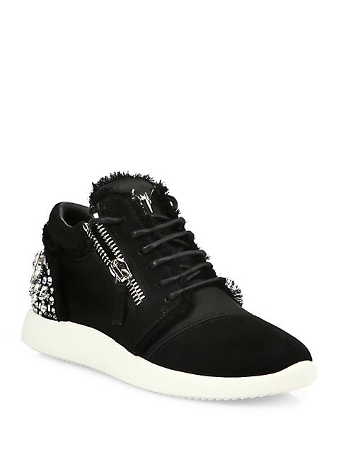 Giuseppe Zanotti - Crystal-Embellished Suede & Satin Side-Zip Sneakers