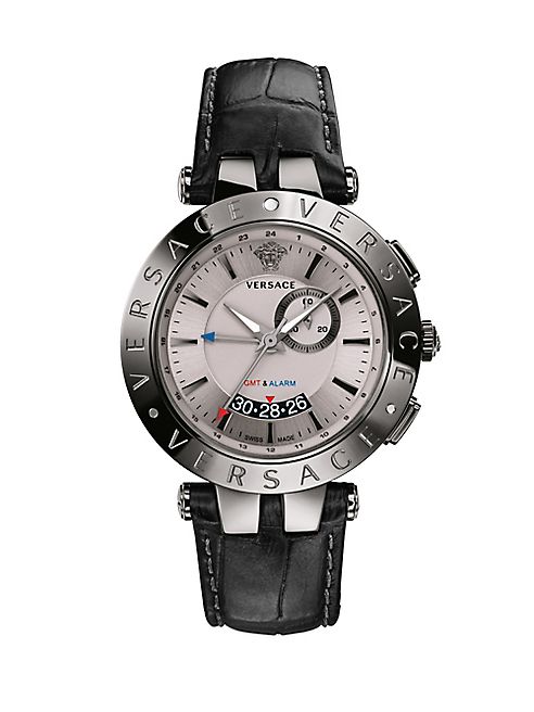 Versace - V-Race GMT Alarm Stainless Steel & Leather Strap Watch