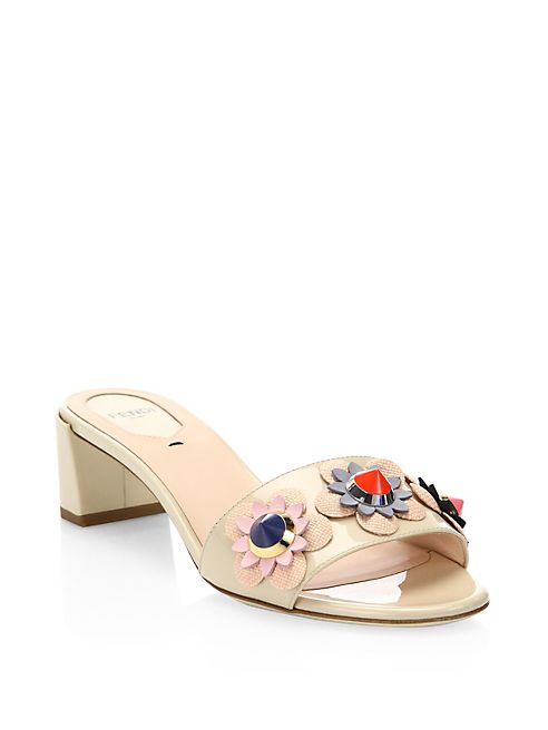 Fendi - Flowerland Studded Patent Leather Block Heel Slides