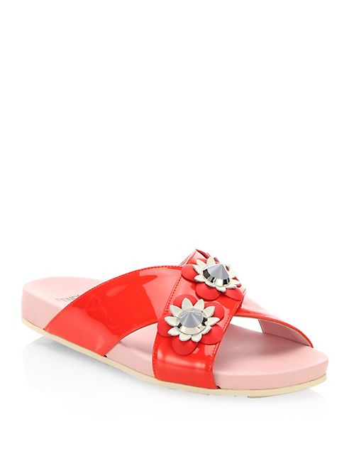 Fendi - Flowerland Embellished Patent Leather Crisscross Slides