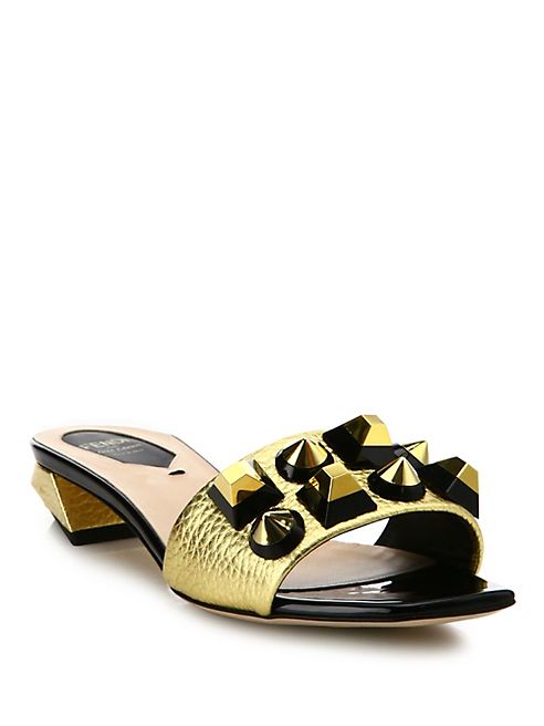 Fendi - Studded Metallic Leather Mules