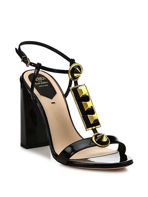 Fendi - Studded Patent Leather T-Strap Sandals