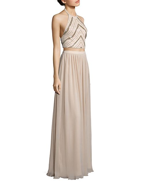 Aidan Mattox - Two-Piece Beaded Halter Top & Pleated Maxi Skirt