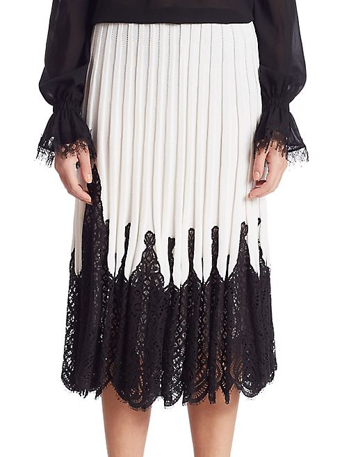 Oscar de la Renta - Pleated Lace Inset Skirt