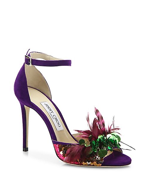 Jimmy Choo - Annie Sequin & Feather-Embellished Suede Ankle-Strap Sandals