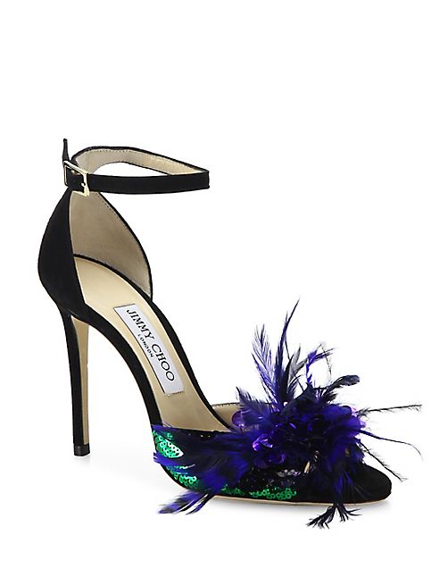 Jimmy Choo - Annie Sequin & Feather-Embellished Suede Ankle-Strap Sandals