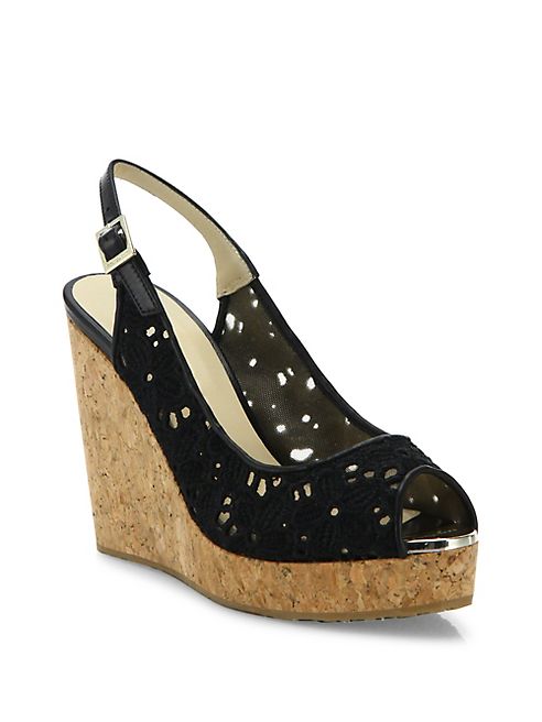 Jimmy Choo - Prova Eyelet Cork Wedge Slingbacks