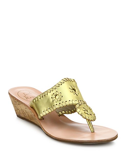 Jack Rogers - Whipstitched Metallic Leather Mid-Wedge Sandals