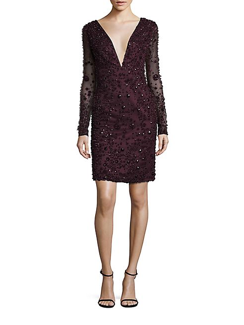 ML Monique Lhuillier - Embellished Deep V-Neck Dress