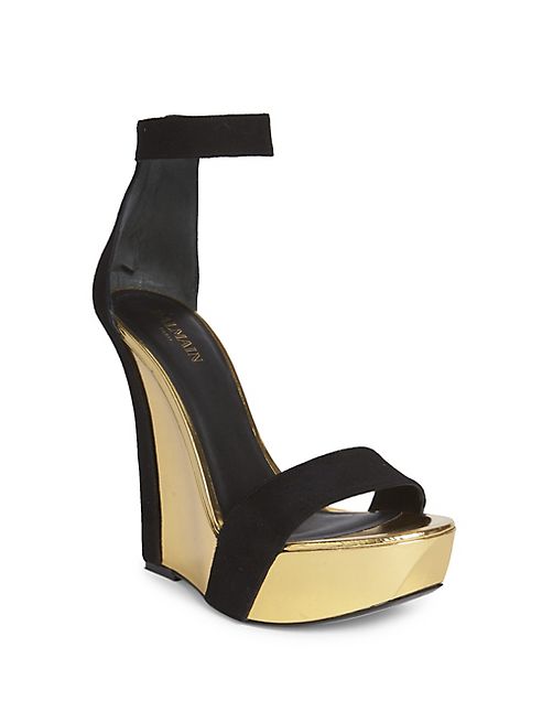 Balmain - Suede Ankle-Strap Metallic Wedge Platform Sandals