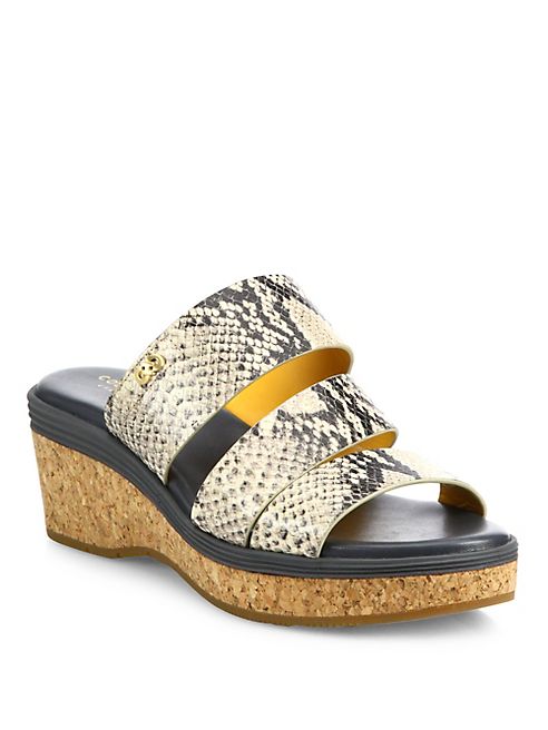 Cole Haan - Allesa Grand Snake-Print Leather Cork Wedge Slides