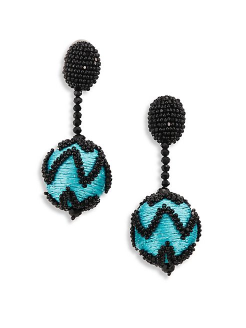 Oscar de la Renta - Beaded Chevron Pom-Pom Clip-On Earrings