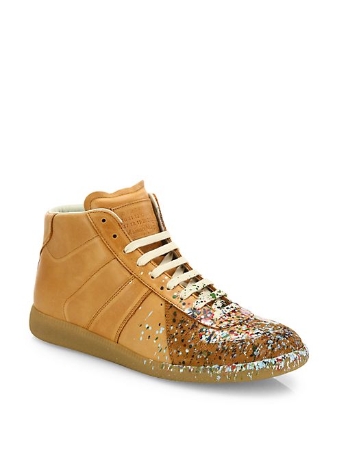 Maison Margiela - Replica Paint-Splatter Leather Mid-Top Sneakers