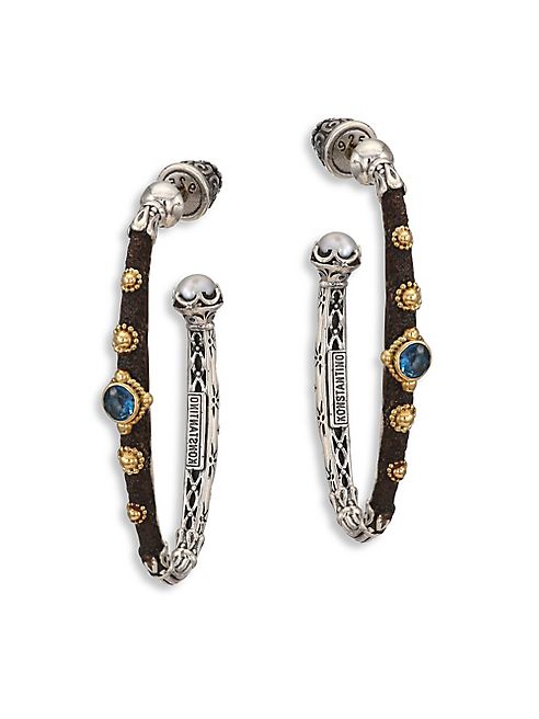 Konstantino - Nemesis 5MM White Freshwater Pearl, London Blue Topaz & 18K Yellow Gold Hoop Earrings/1.75