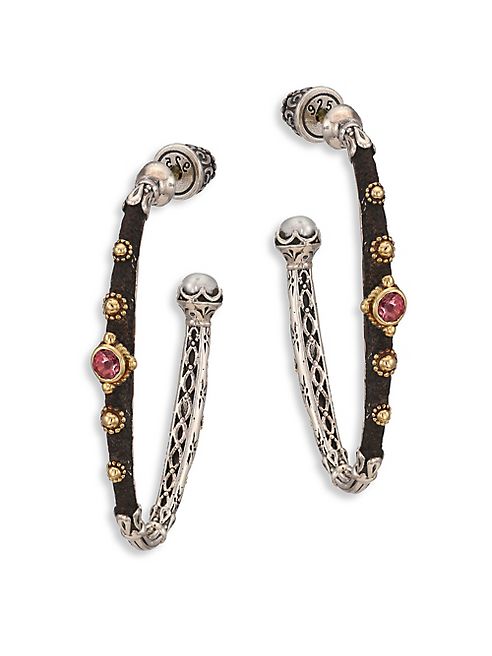 Konstantino - Nemesis 5MM White Freshwater Pearl, Pink Tourmaline & 18K Yellow Gold Hoop Earrings/1.75