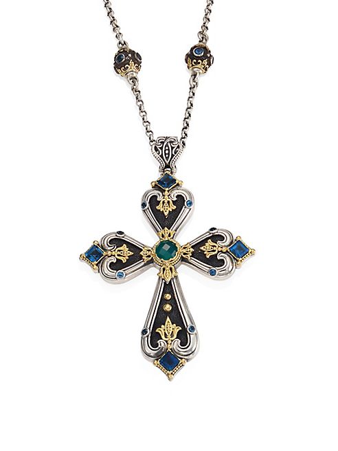 Konstantino - Nemesis London Blue Topaz & Green Agate Cross Pendant