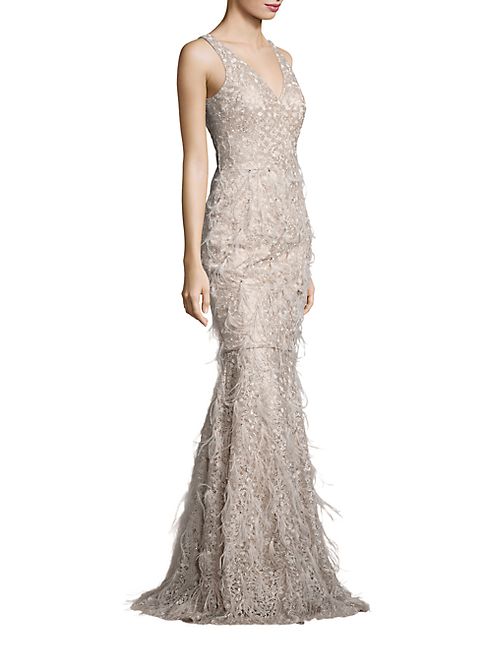 David Meister - Metallic Embroidered Lace & Feather Gown