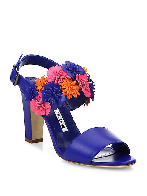 Manolo Blahnik - Khanfior 90 Flower Leather Slingback Sandals