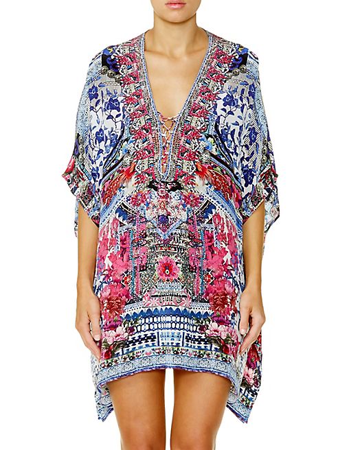 Camilla - Chinese Whispers Printed Lace-Up Silk Caftan