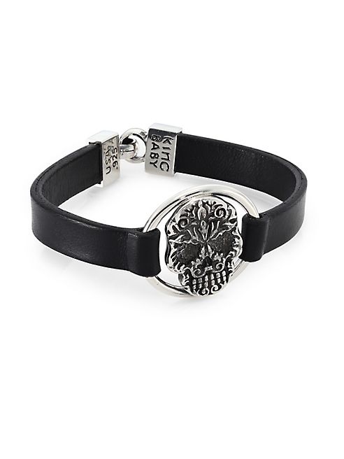 King Baby Studio - Sterling Silver Baroque Skull Centerpiece Leather Strap Bracelet