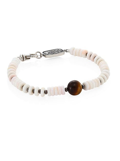 King Baby Studio - Sterling Silver, Round Tiger Eye & White Shell Bead Bracelet