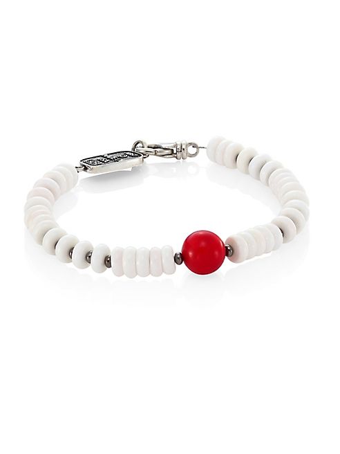 King Baby Studio - Sterling Silver, Round Red Coral & White Shell Bead Bracelet