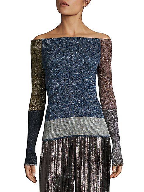 Christopher Kane - Metallic Colorblock Off-The-Shoulder Sweater