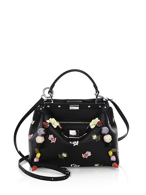 Fendi - Peekaboo Mini Embellished Floral-Embroidered Leather Satchel