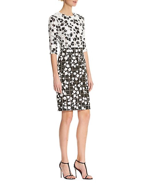 Carolina Herrera - Leaf-Print Panel Tweed Dress