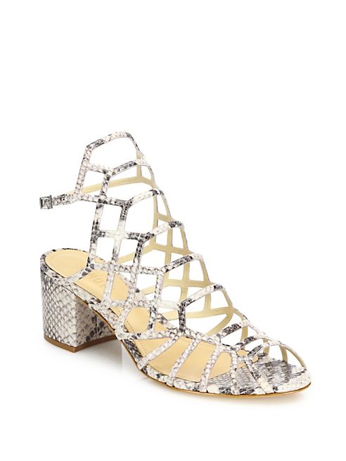 Schutz - Bollie Python-Embossed Leather Caged Block Heel Sandals